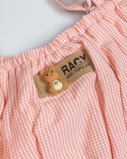 Drop Shoulder Check Textured Blouse & Skirt With Bow Detail