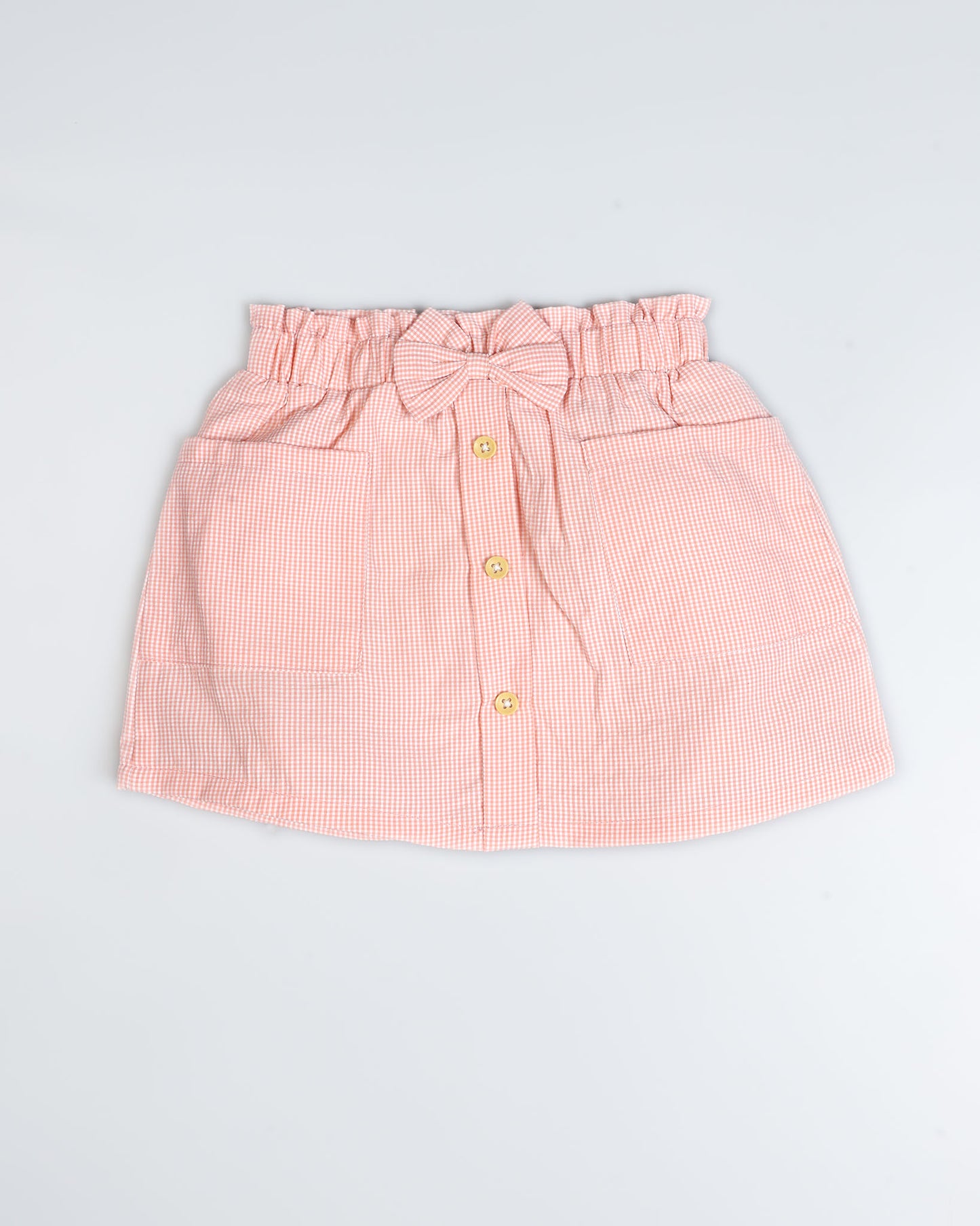 Drop Shoulder Check Textured Blouse & Skirt With Bow Detail