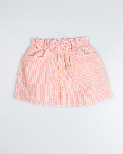 Drop Shoulder Check Textured Blouse & Skirt With Bow Detail