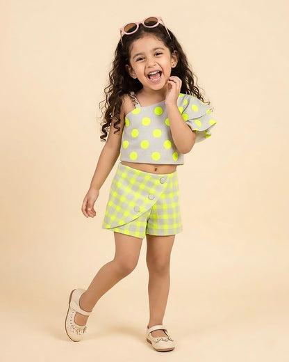 Soft Textured Polka Off-Shoulder Top & Check Shorts Set