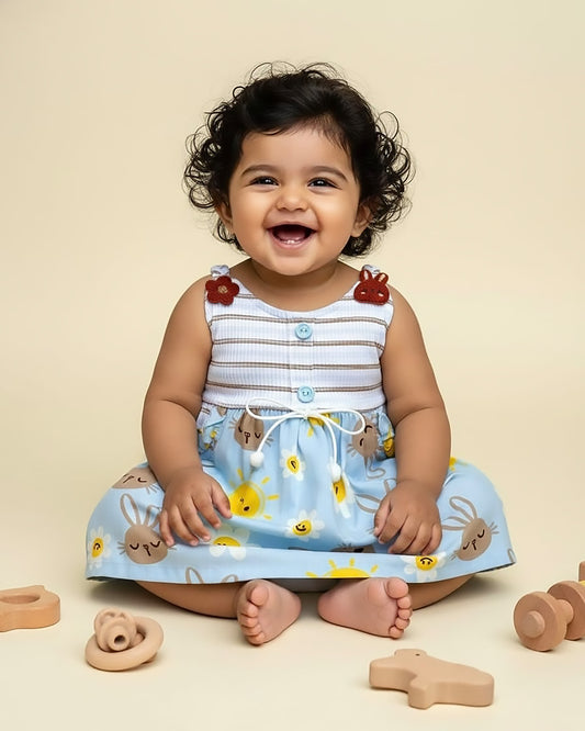 Bunny Print Cotton Braided Strap Casual Dress With Bloomer