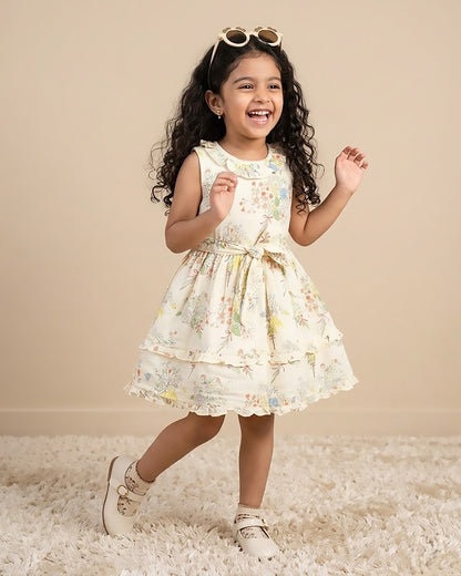 Flower Bunch Printed Ruffled Neck Crinkled Cotton Frock Dress