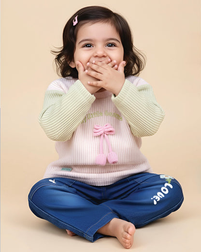 Full Sleeve Hand-Knitted Top With Denim Set