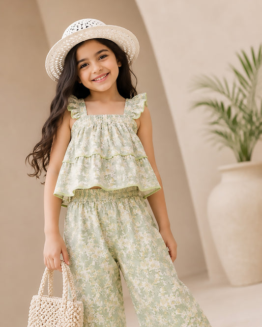 Flowral Printed Flare Crop-Top With Trouser Dress