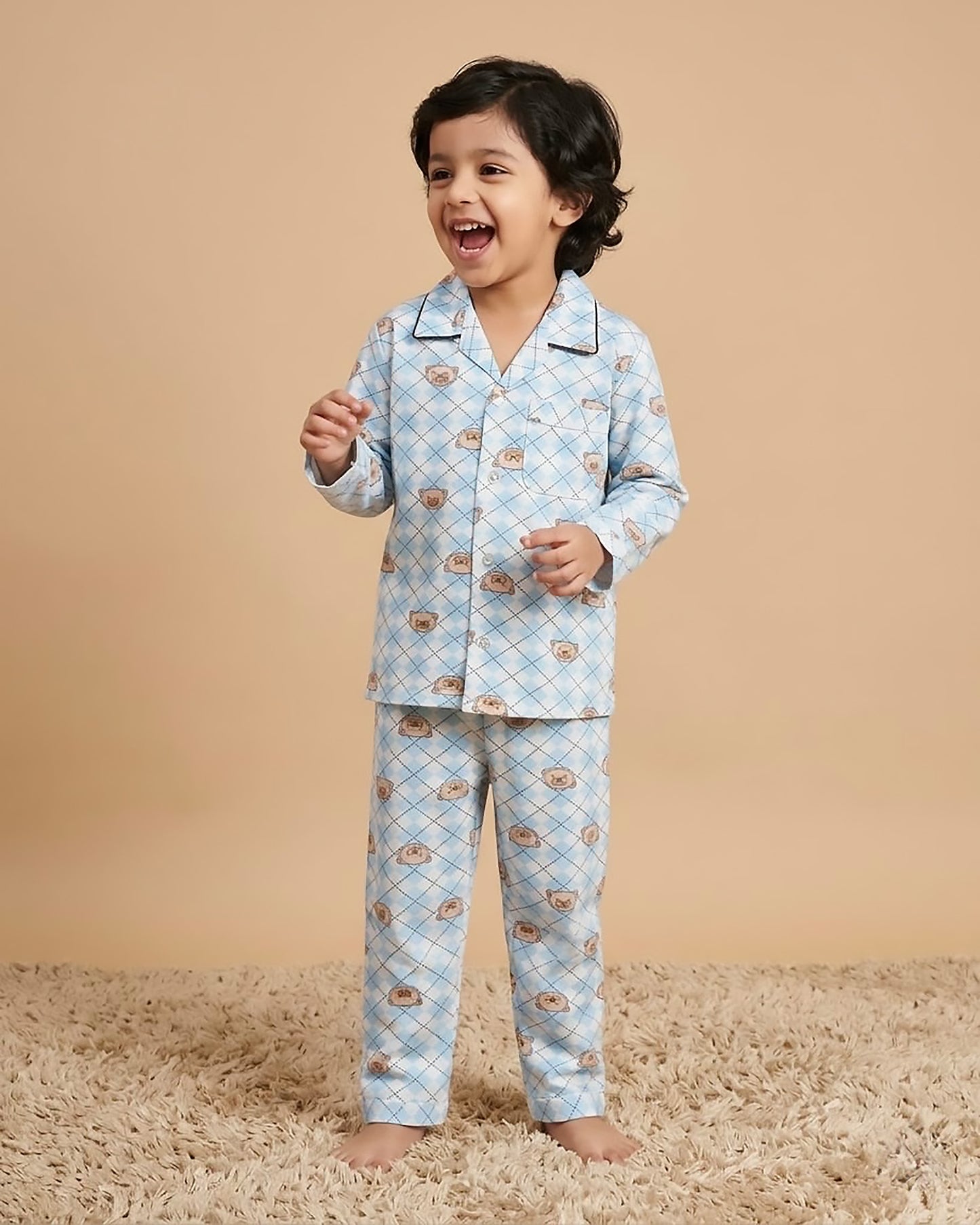 BEAR CHECK PRINTED HOSIERY NIGHT SUIT