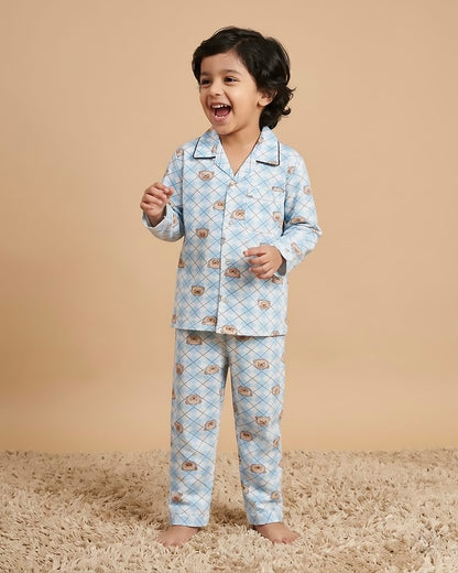 BEAR CHECK PRINTED HOSIERY NIGHT SUIT