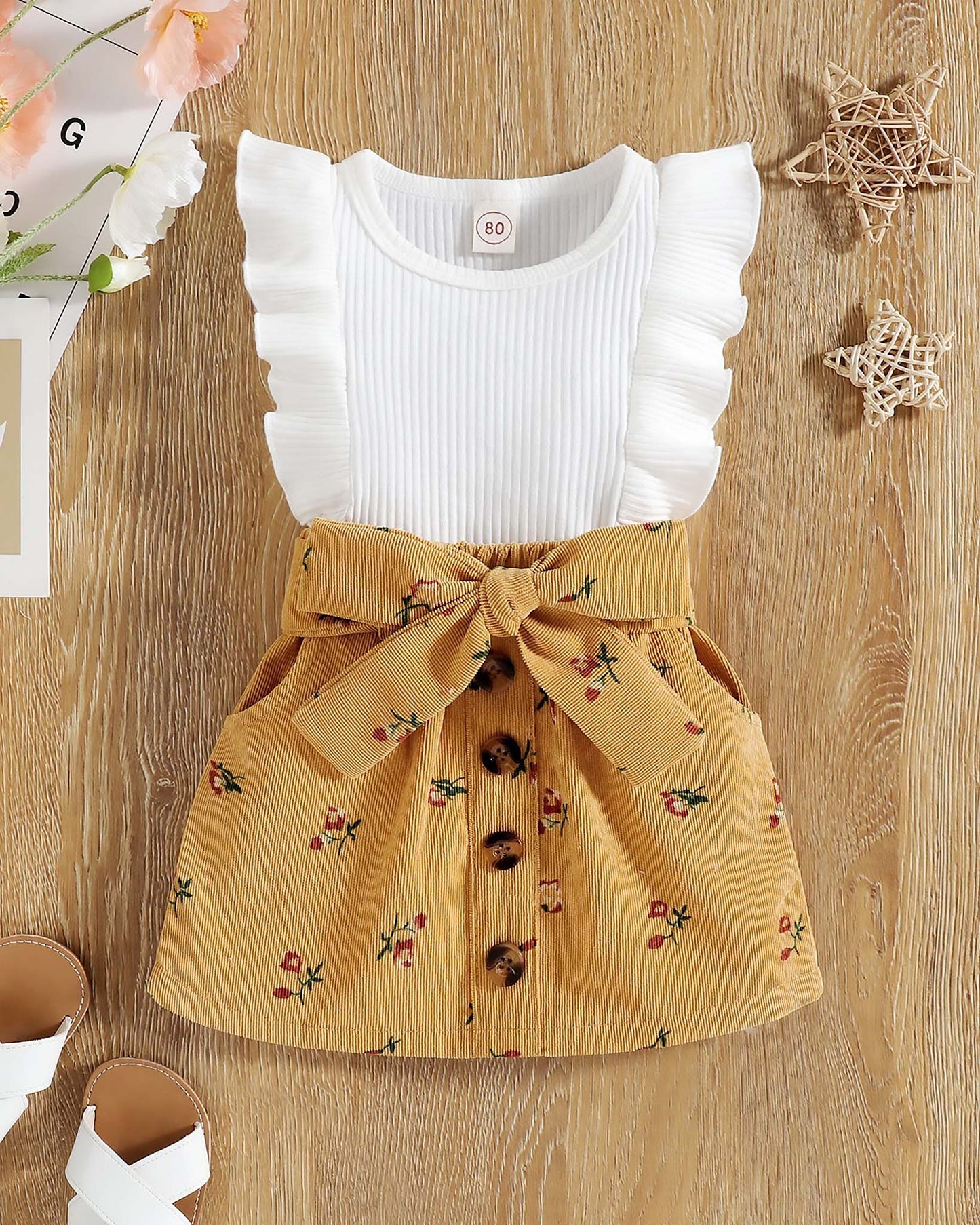 Frill Top With Textured Printed Skirt & Belt Detail