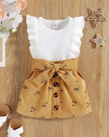 Frill Top With Textured Printed Skirt & Belt Detail