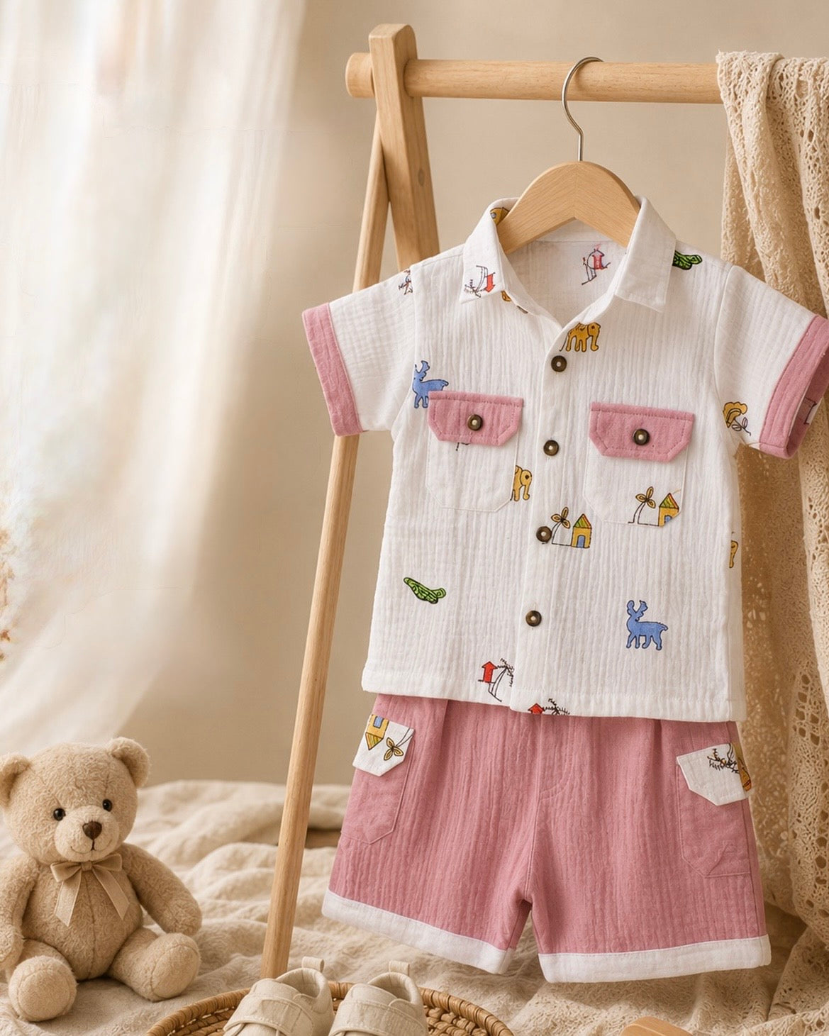 Urban Life Embroidered Popcorn Muslin Shorts Co-Ord Set