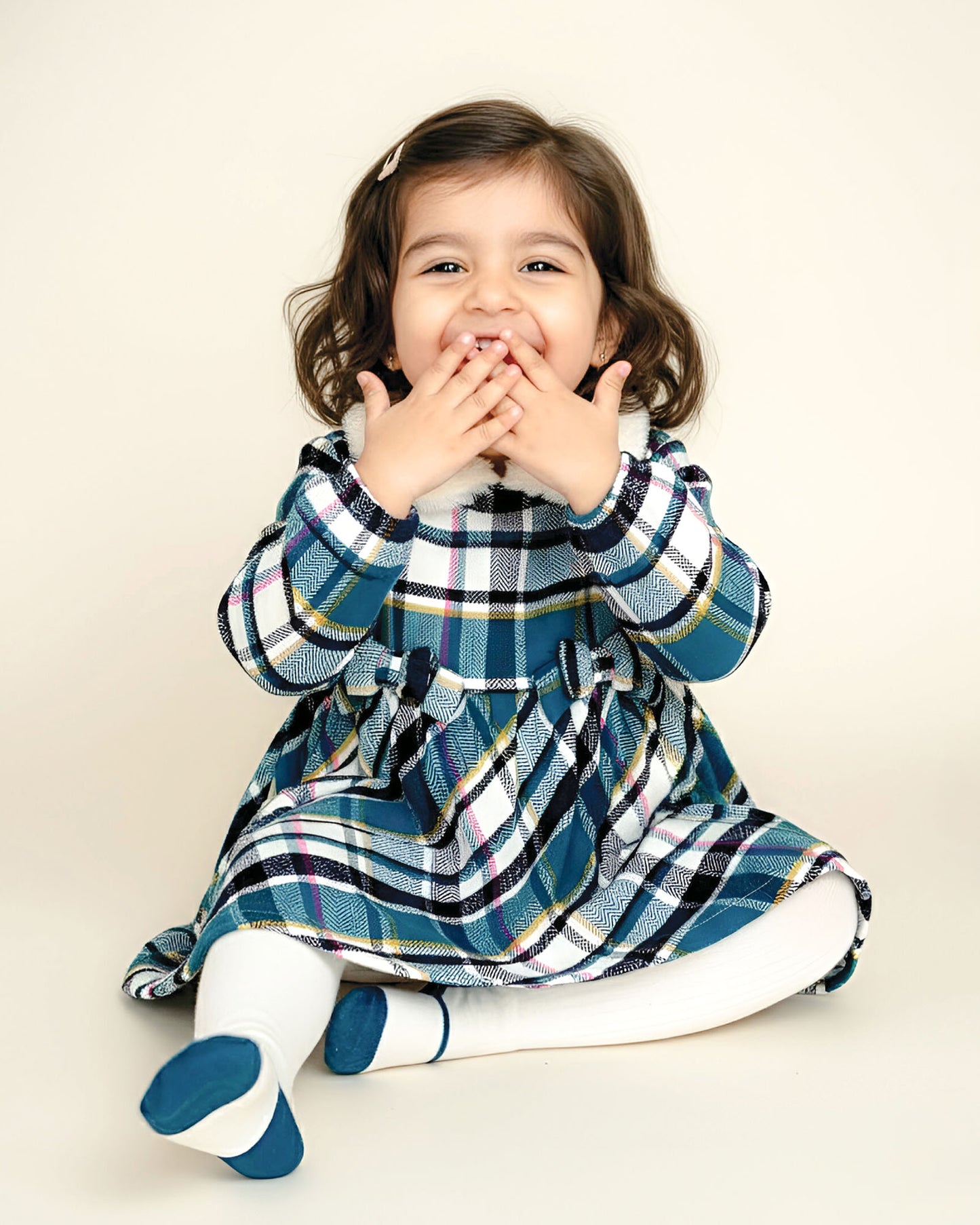 Herringbone Check Print Casual Dress With Stockings