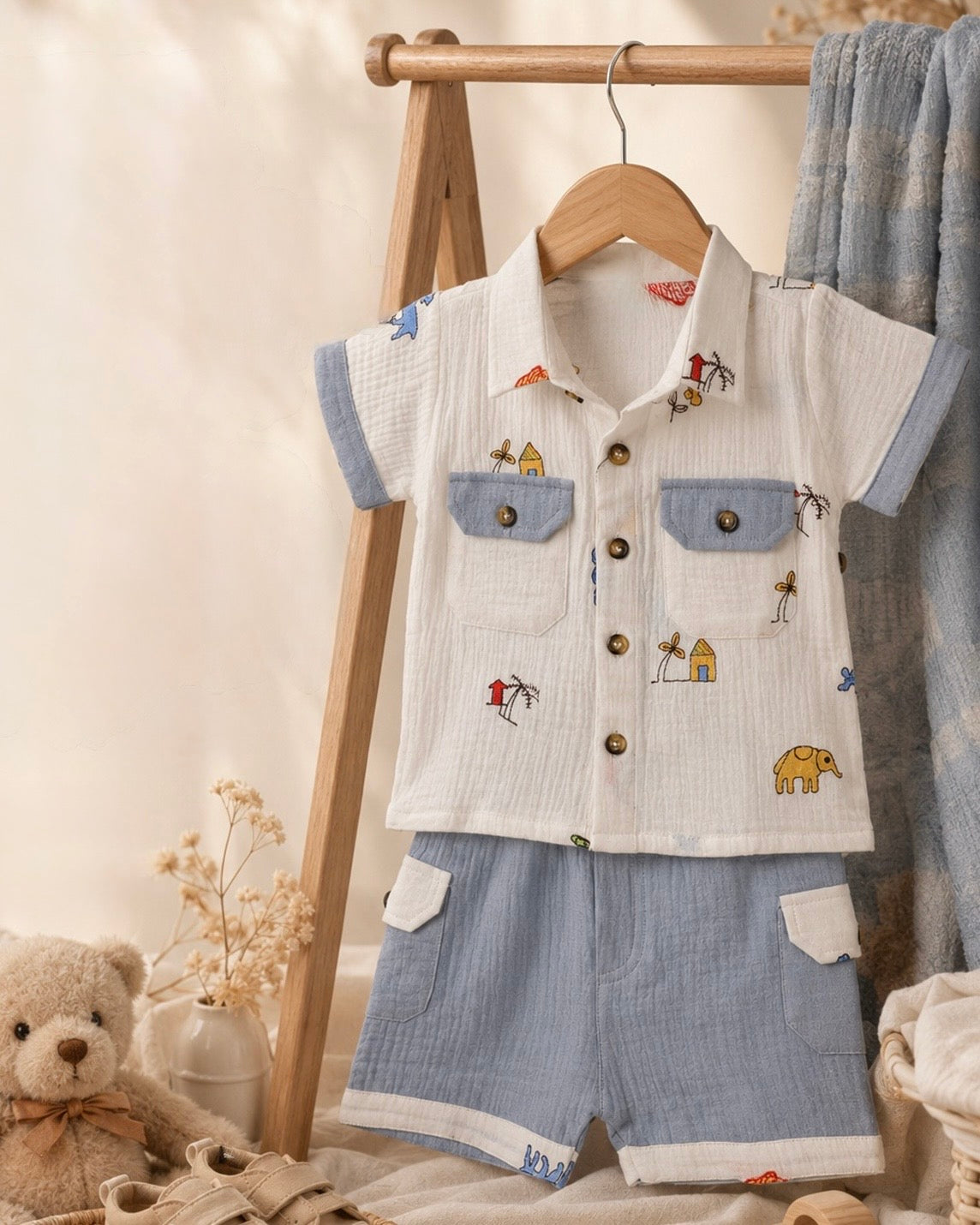 Urban Life Embroidered Popcorn Muslin Shorts Co-Ord Set