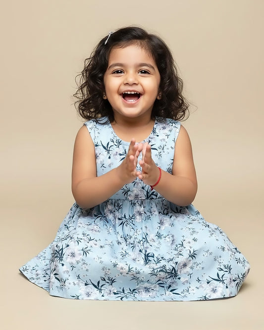 Girls Floral Print Chikankari Casual Dress