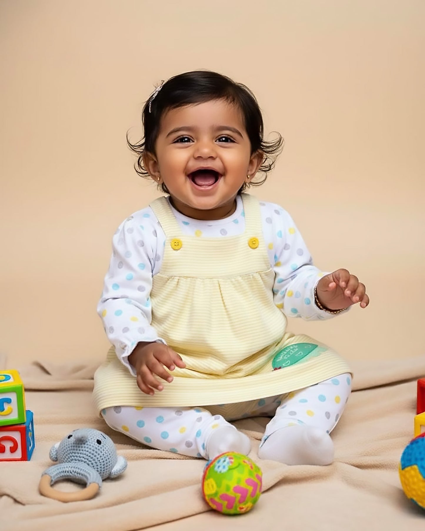 Knitted Frock with Applique Embroidery & Small Polka Dot Print