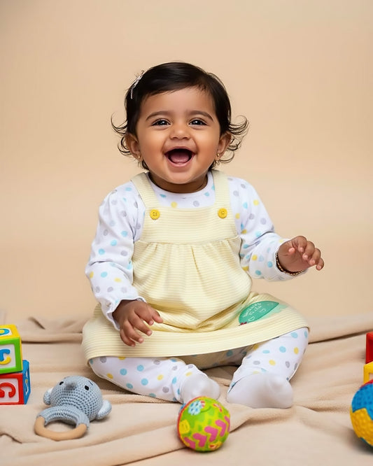 Knitted Frock with Applique Embroidery & Small Polka Dot Print