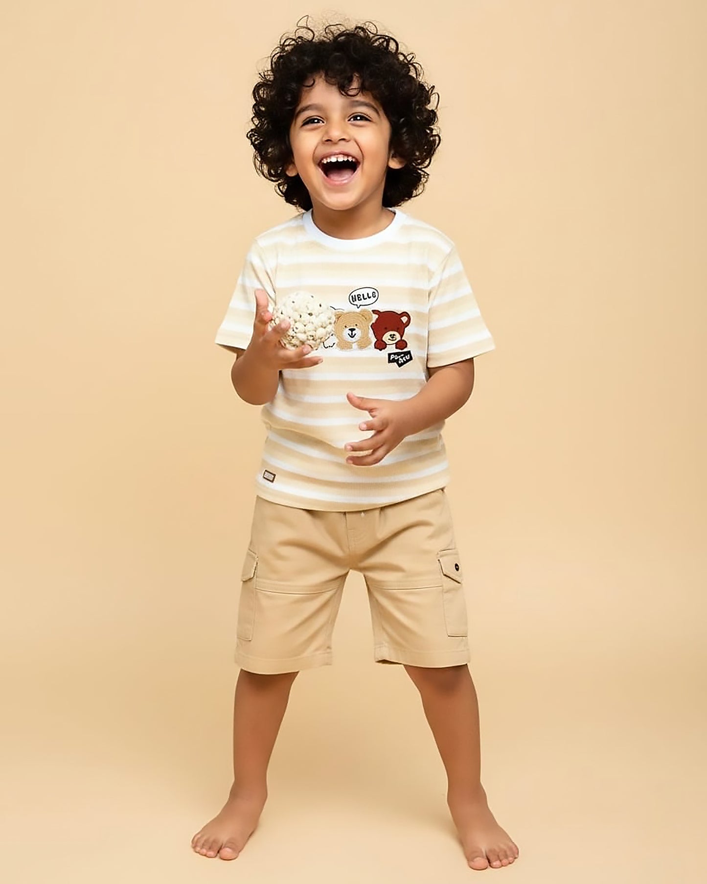 Stripe Texture Teddy T-Shirt & Denim Set