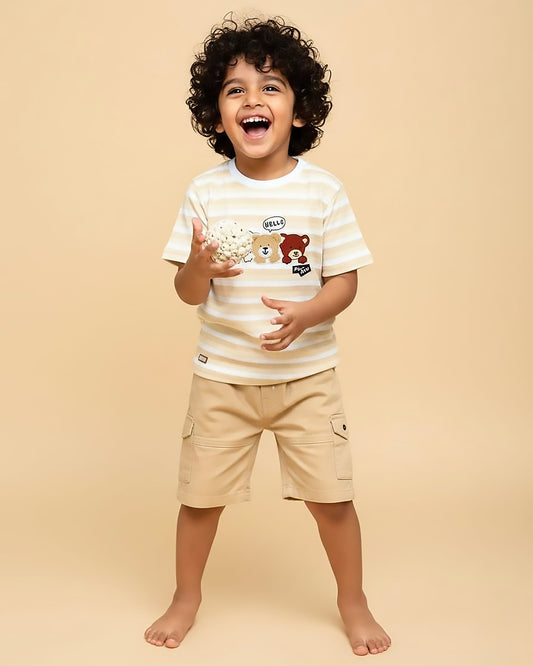 Stripe Texture Teddy T-Shirt & Denim Set