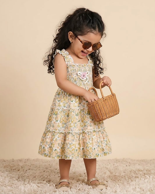 Floral Print Smocked Bodice Midi Dress