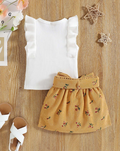 Frill Top With Textured Printed Skirt & Belt Detail