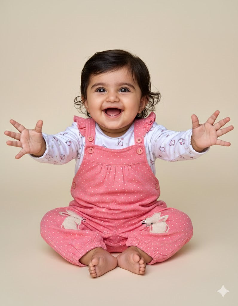 Knitted Printed T-Shirt With Bunny Applique Dungaree Embroidery