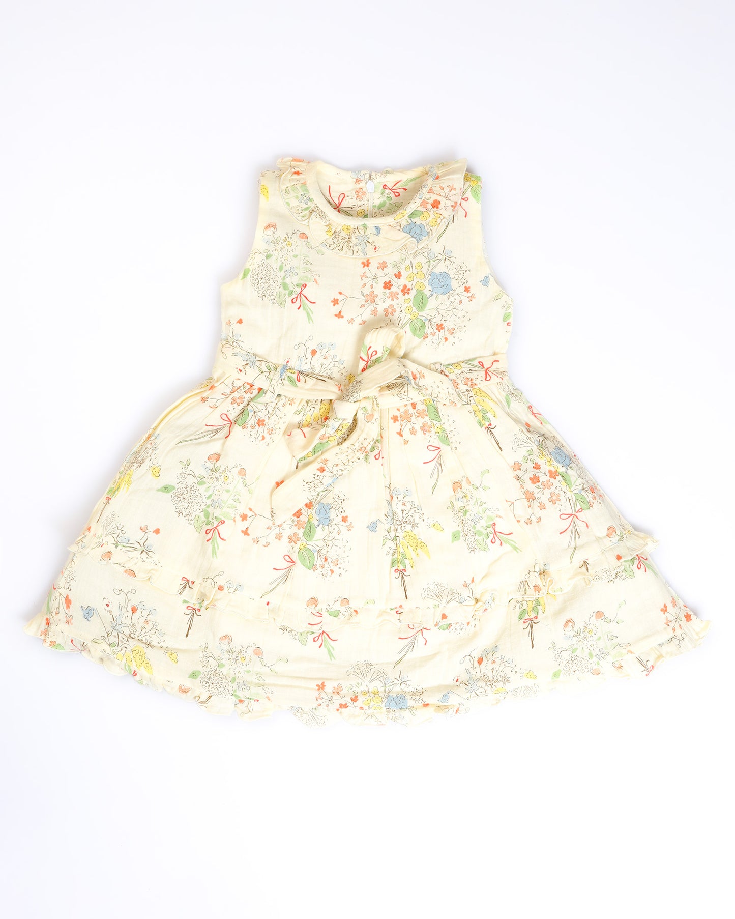 Flower Bunch Printed Ruffled Neck Crinkled Cotton Frock Dress