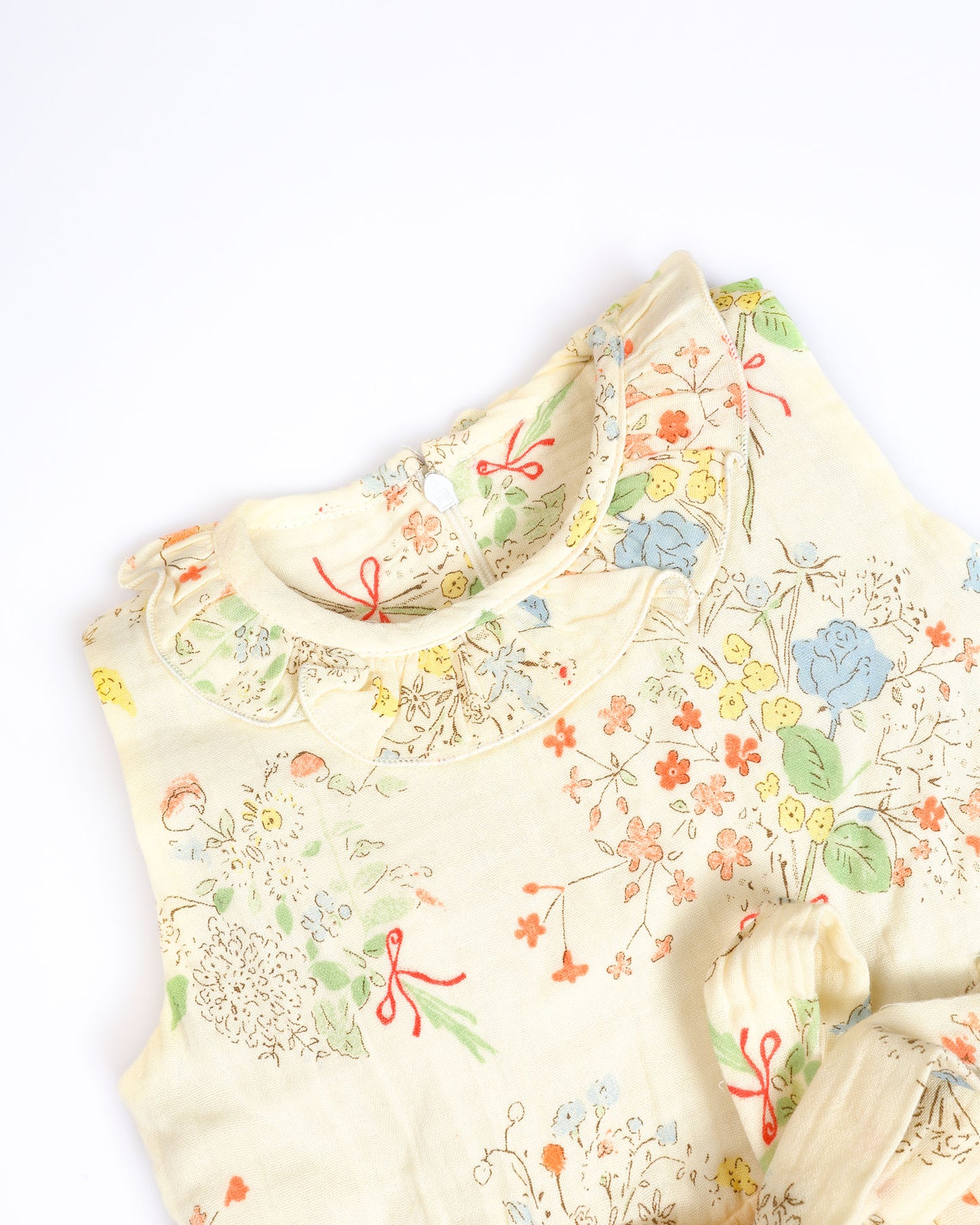 Flower Bunch Printed Ruffled Neck Crinkled Cotton Frock Dress