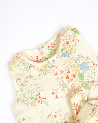 Flower Bunch Printed Ruffled Neck Crinkled Cotton Frock Dress