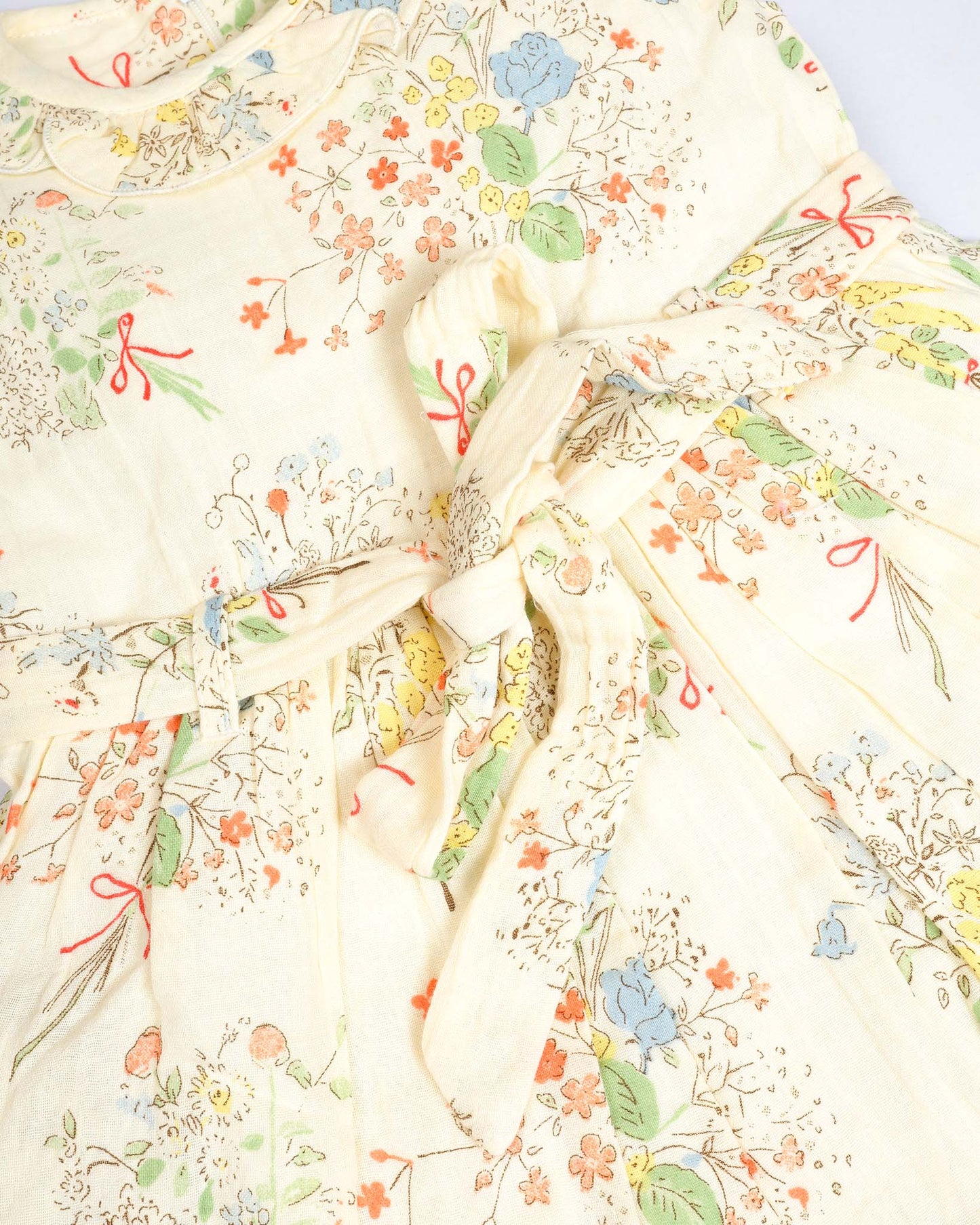 Flower Bunch Printed Ruffled Neck Crinkled Cotton Frock Dress