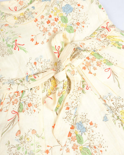 Flower Bunch Printed Ruffled Neck Crinkled Cotton Frock Dress