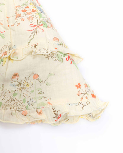 Flower Bunch Printed Ruffled Neck Crinkled Cotton Frock Dress