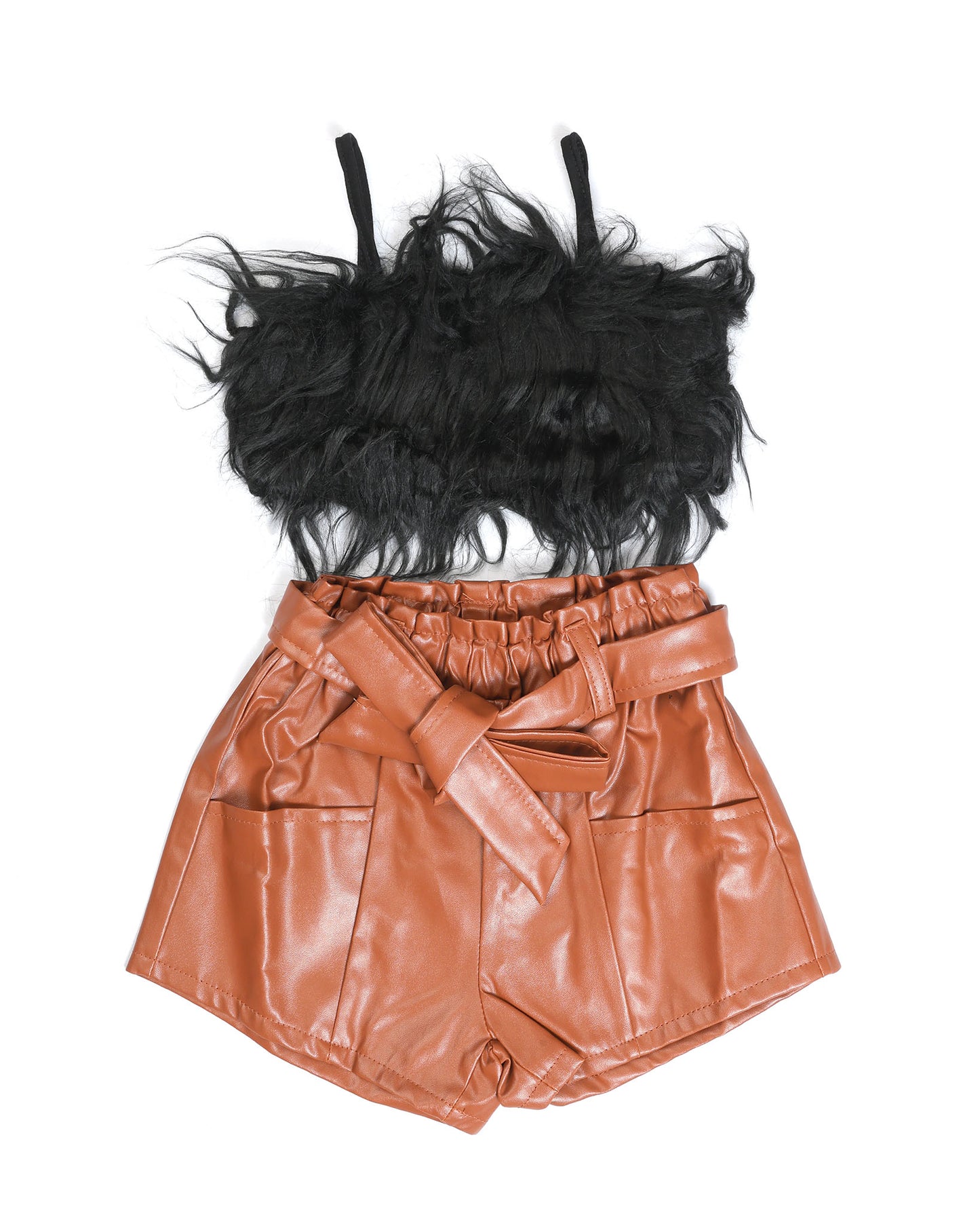 Fur Top & Faux Leather Shorts Co-ord Set