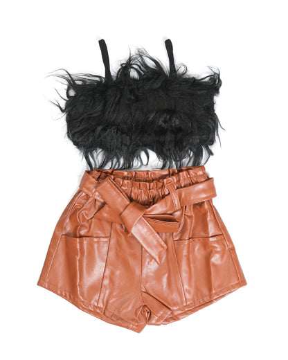 Fur Top & Faux Leather Shorts Co-ord Set