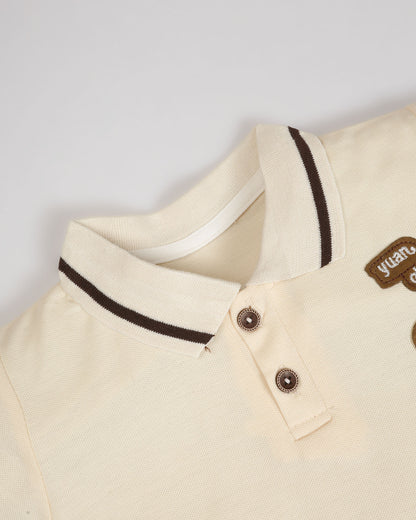 Bear Appliquéd Solid Polo Shirt & Short Co-ord Set