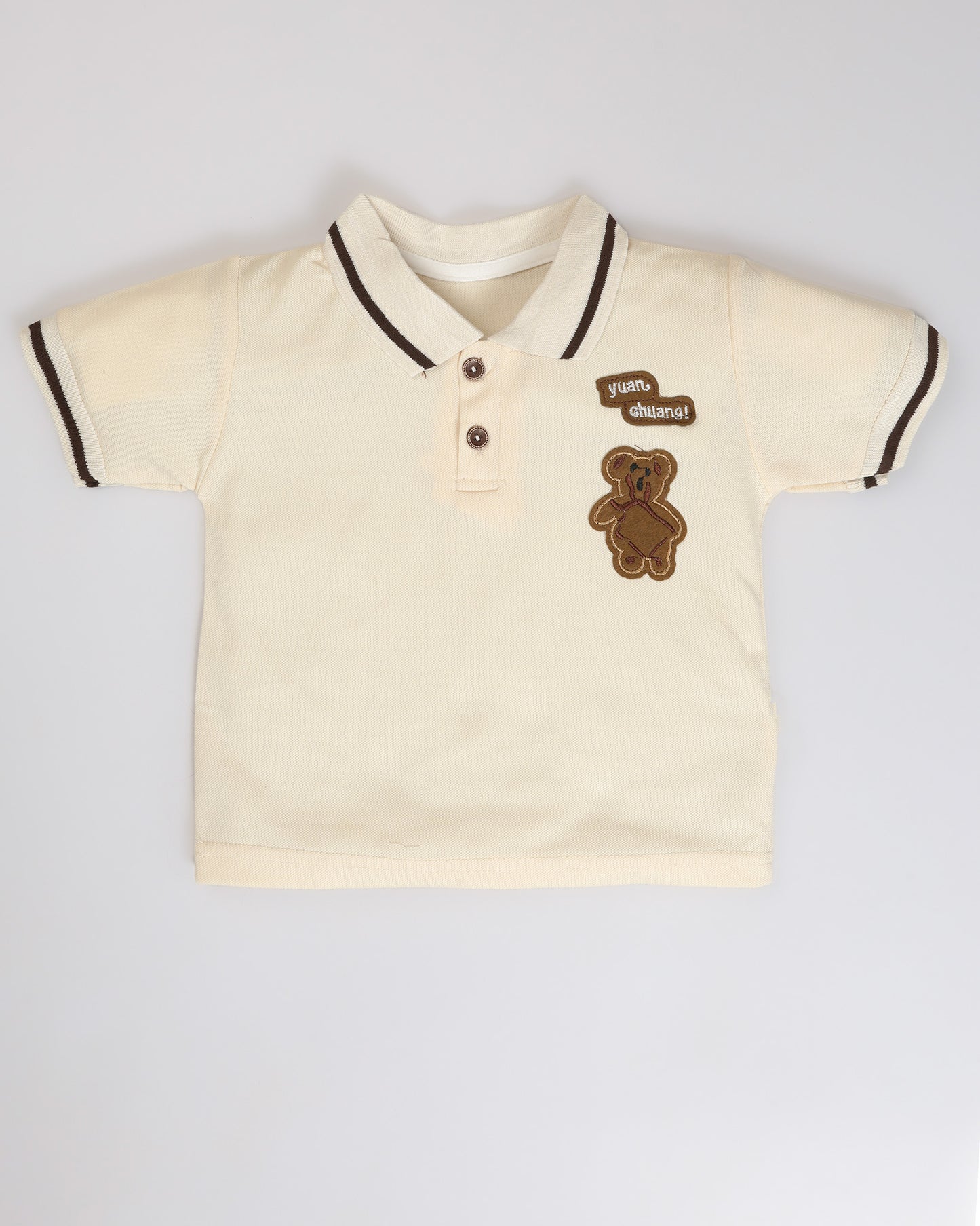 Bear Appliquéd Solid Polo Shirt & Short Co-ord Set