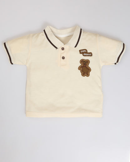 Bear Appliquéd Solid Polo Shirt & Short Co-ord Set