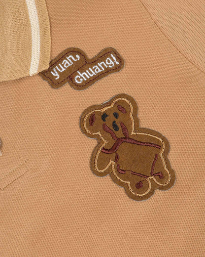 Bear Appliquéd Solid Polo Shirt & Short Co-ord Set