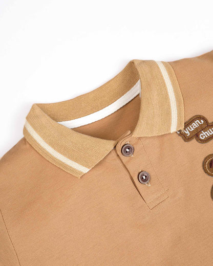 Bear Appliquéd Solid Polo Shirt & Short Co-ord Set