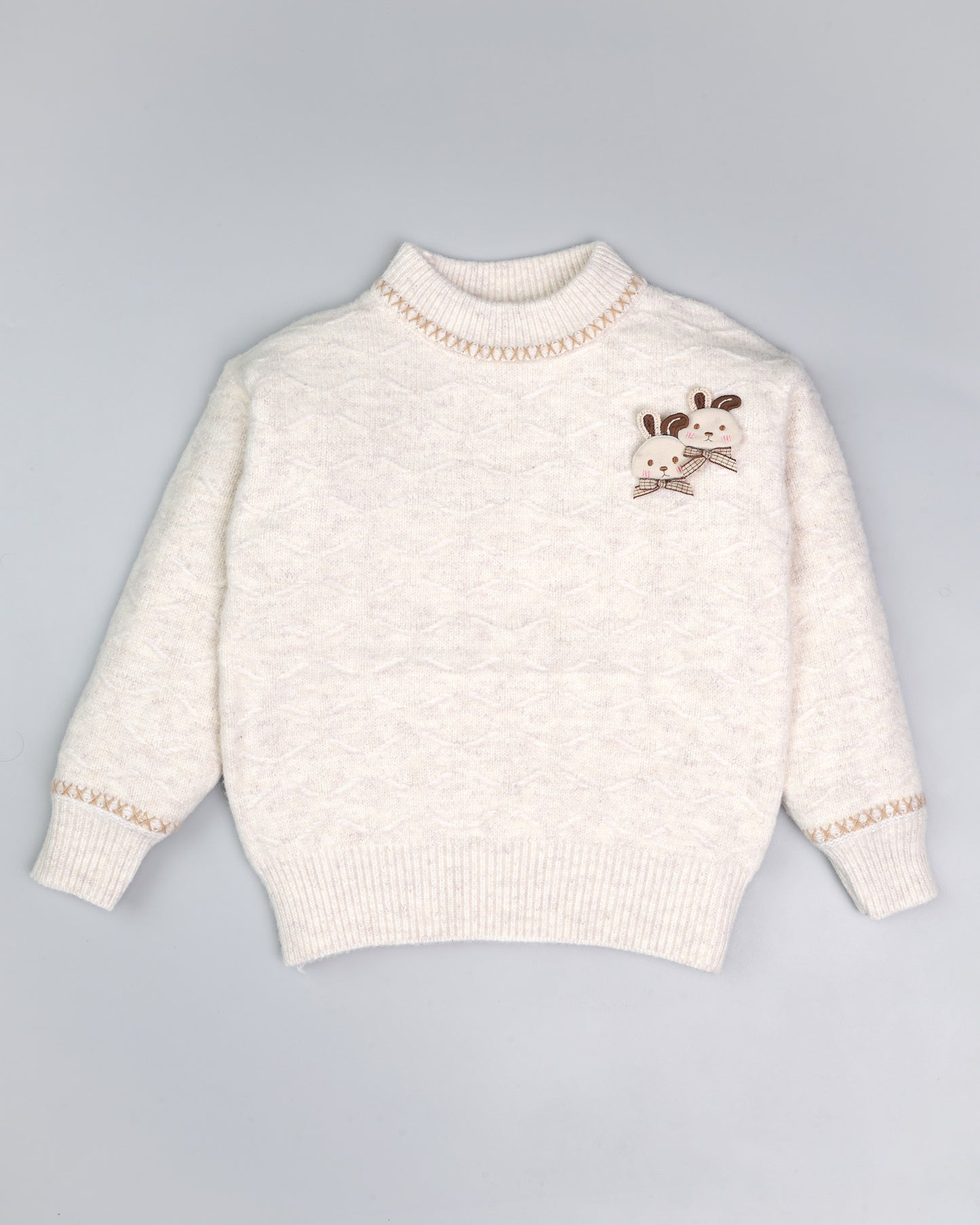 Textured X-Design Collar Sweater with Bunny Brooch Detail