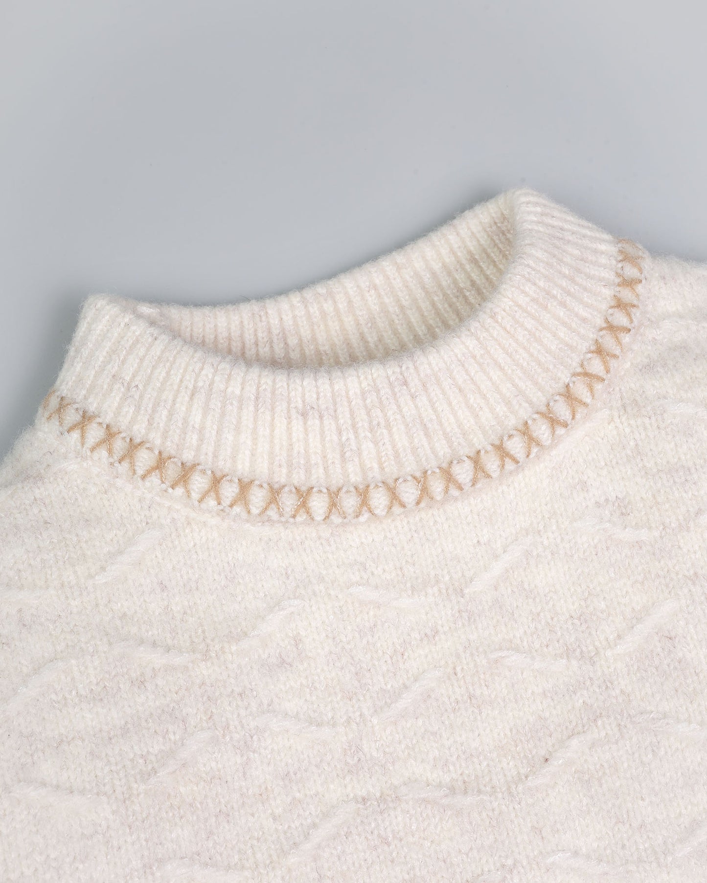 Textured X-Design Collar Sweater with Bunny Brooch Detail