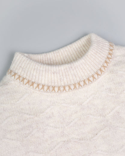 Textured X-Design Collar Sweater with Bunny Brooch Detail