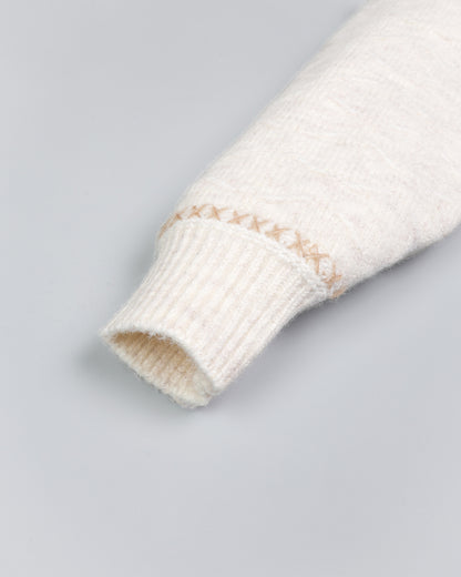 Textured X-Design Collar Sweater with Bunny Brooch Detail