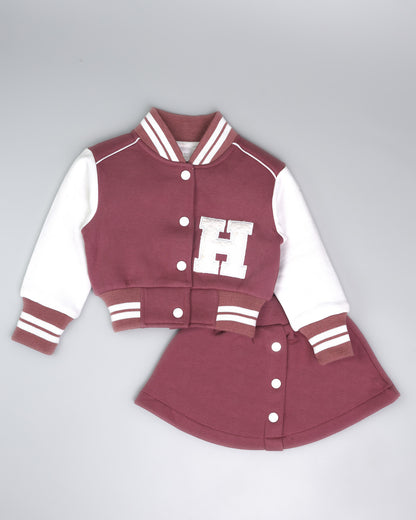 H Appliqued Fleeced Jacket & Skirt Co-ord