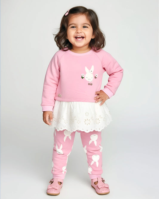 Bunny Printed Fleeced Casual Dress With Joggers