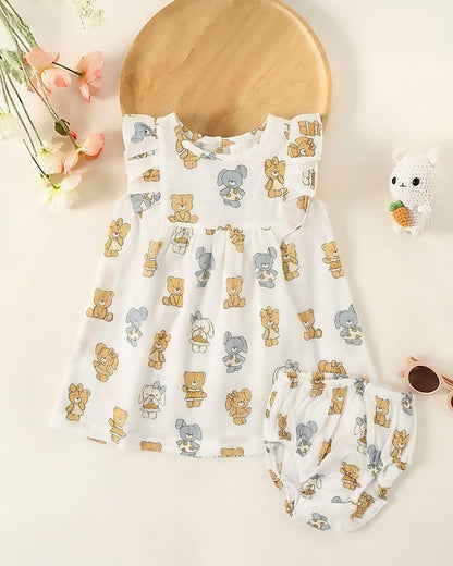Happy Bear Printed Cotton Frock with Bloomers