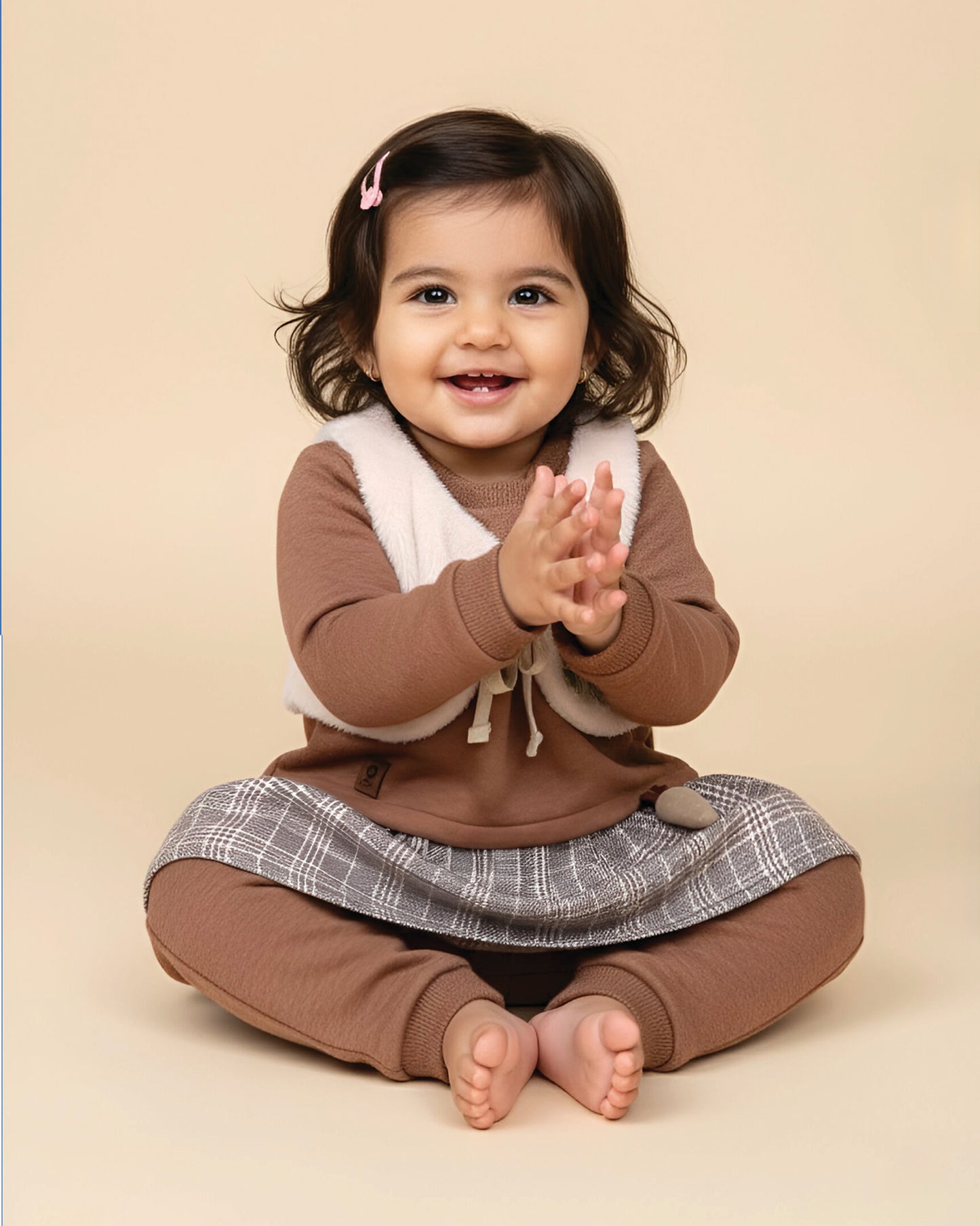 Fur Coat Fleeced Casual Dress With Jogger & Broach Details