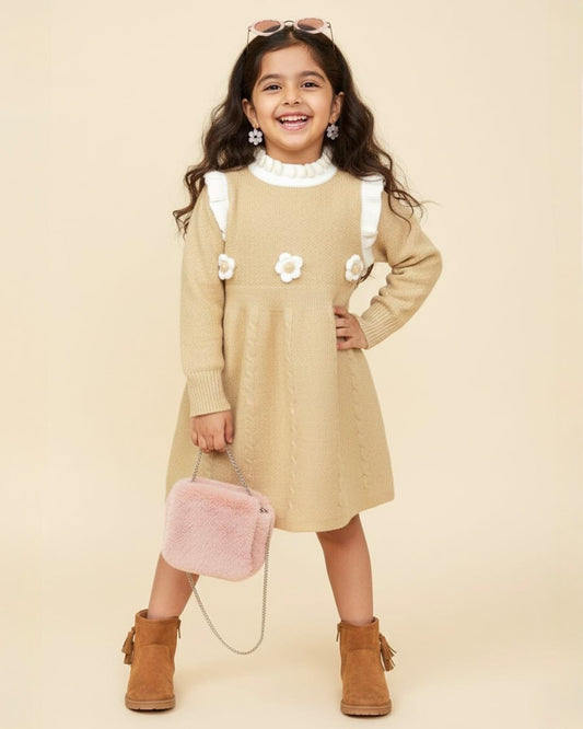 Ruffled High Neck Sweater Casual Frock Dress