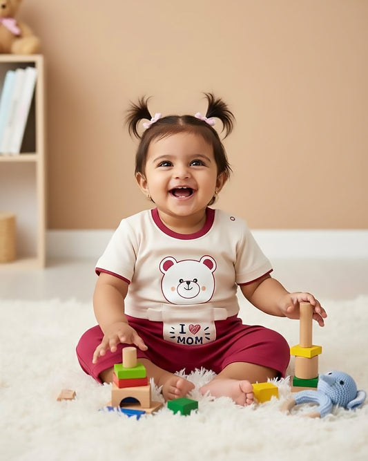 Half Sleeves Teddy Face Printed Romper