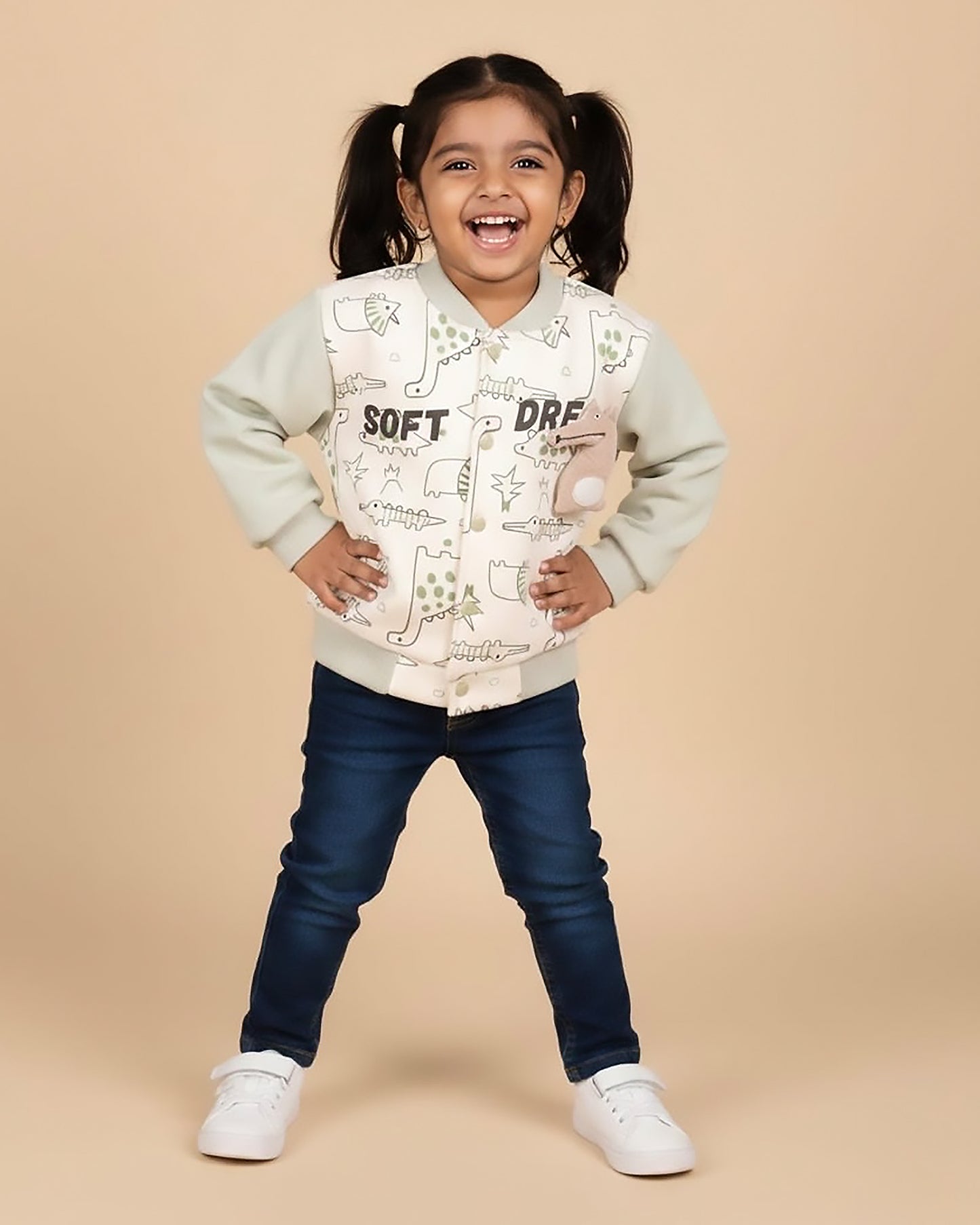 Dino Graffiti Printed Appliqued Baseball Jacket