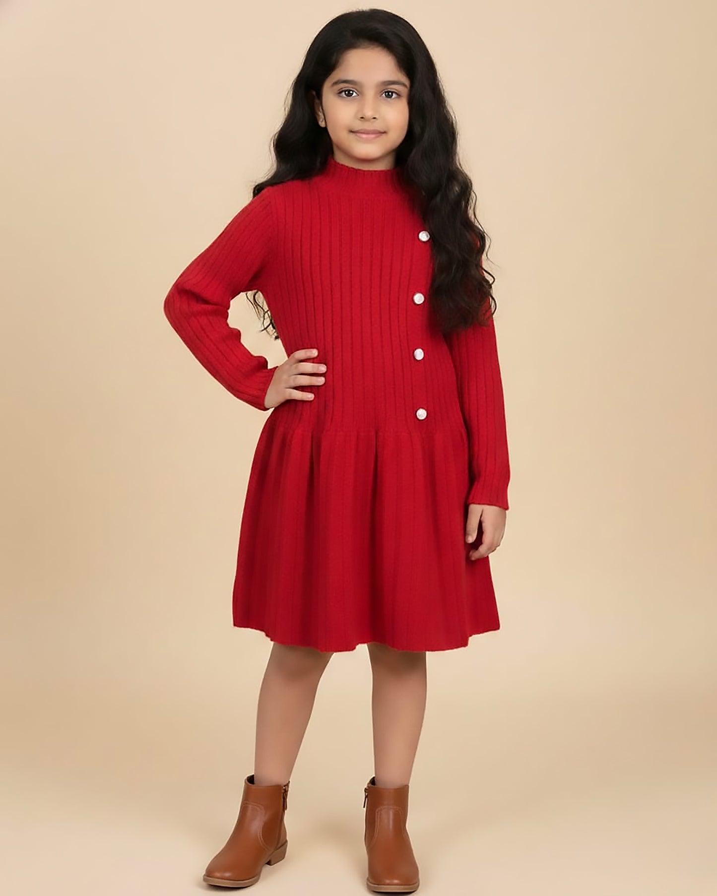 Vertical Textured Sweater Dress Frock with Button Details