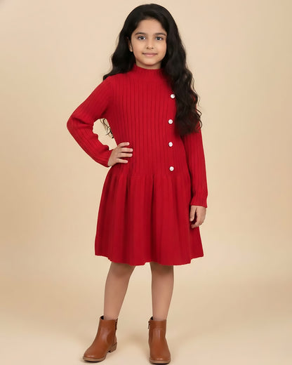 Vertical Textured Sweater Dress Frock with Button Details
