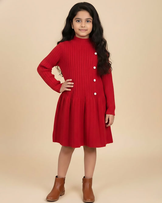 Vertical Textured Sweater Dress Frock with Button Details
